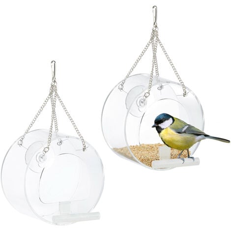 Mangeoire à oiseaux, lot de 2, Distributeur en acrylique, à suspendre, pour  la fenêtre, 13 x