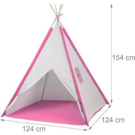 Relaxdays Tente pour enfants, en forme de tipi, avec tapis, H x L x P :  env. 154 x 124 x 124 cm, blanc et rose