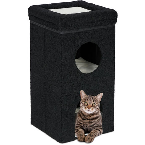 Relaxdays – Niche et igloo pour chat 3 niveaux – Maison pliable avec griffoir – Dimensions H x L x P : 76 x 40 x 40 cm – Couleur noire (1/5)