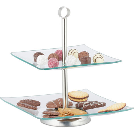 Assiettes sur pied, lot de 2, étagère carrée en verre,service de gâteaux, fruits, acier inoxydable,argenté, transparent (1/5)