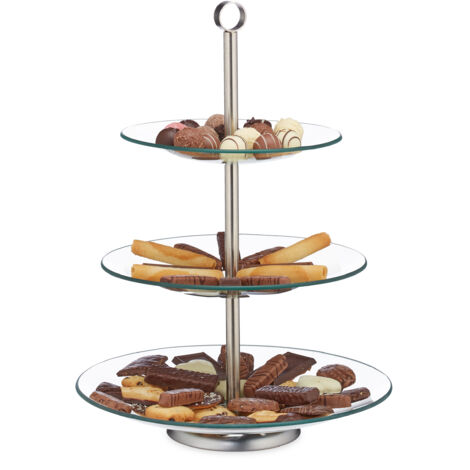 Assiettes sur pied, lot de 2, étagère ronde en verre service de gâteaux, fruits, muffins, inoxydable, argenté, (1/5)