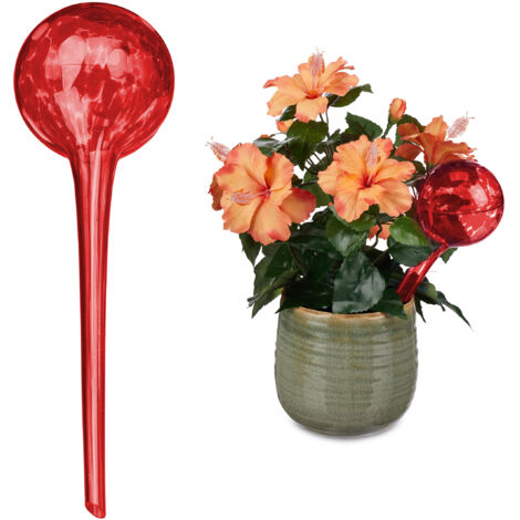 Relaxdays Globes d’arrosage lot de 2, Distributeur eau plantes et fleurs, outil de bureau, Ø 9 cm, verre, rouge (1/5)