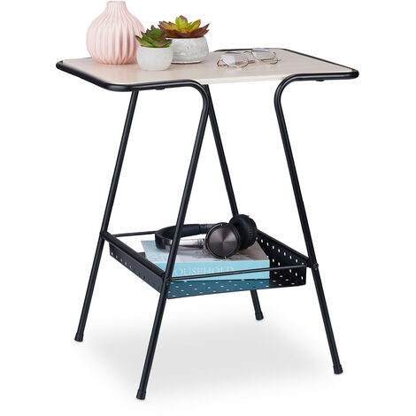 Relaxdays Table d’appoint avec porte-revues, cadre en métal, plateau MDF aspect bois, HLP : 55x45x35 cm, noir/nature (1/5)