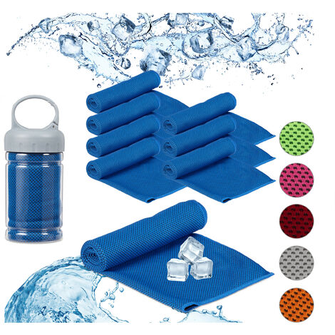 Serviette rafraîchissante, lot de 8, micro fibres, pour le cou, sport, 90 x 30 cm, avec boîte, tissu pour yoga, bleu (1/5)