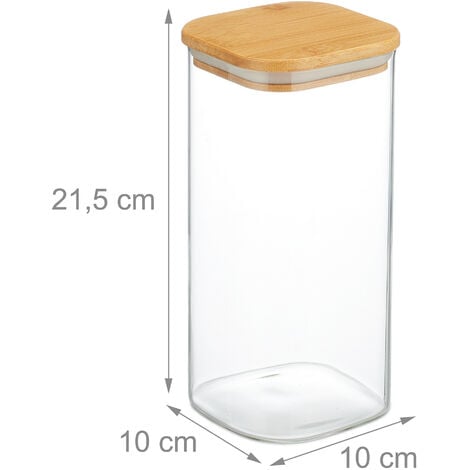 Relaxdays Lot de 3 bocaux en verre, couvercle en bambou, carré, conservation, 1500 ml, hermétique, transparent/naturel