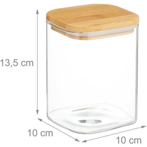 Relaxdays Lot de 3 bocaux en verre, couvercle en bambou, carré, conservation, 900 ml, hermétique, transparent/naturel