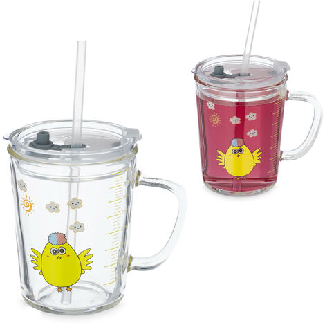 Lot De 2 Verres Pour Enfants Relaxdays - Motif Éléphant Adorable, Anse, Couvercle Et Paille, 400ml Gradués, Transparent