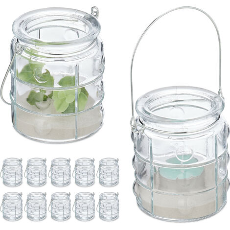 Relaxdays Photophores, lot de 12, anse, intérieur & extérieur, lanternes rondes, 9 x 7,5 cm, transparent - argenté