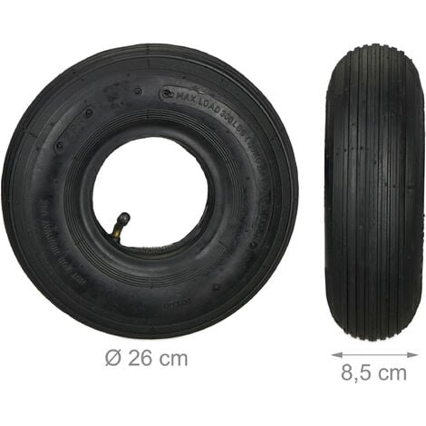 Relaxdays Roue brouette avec chambre à air, lot de 2 pneus rechange 3.00-4  pouces, pneumatiques, jusqu'à 125 kg, noire