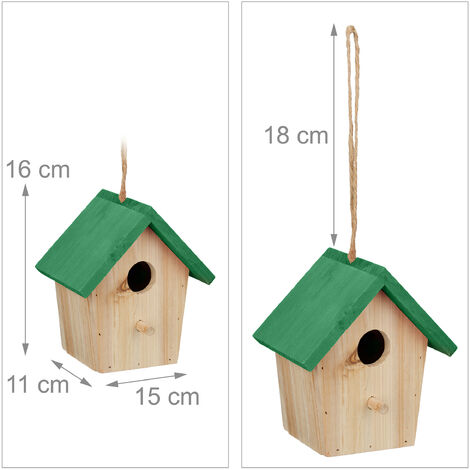 Relaxdays Cabane à oiseaux décorative, en bois, suspendre, HLP : env. 16 x 15 x 11 cm, jardin et balcon, nature/vert