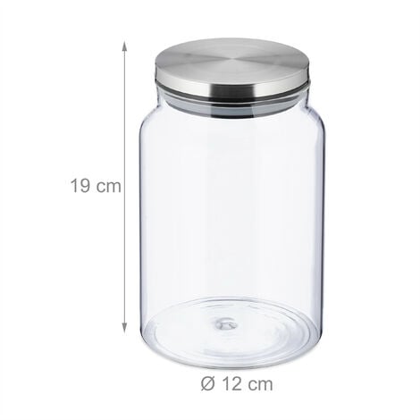 Relaxdays Bocal en verre, avec couvercle, lot pratique de 3, 1500 ml, rond,  hermétique, transparent et argenté