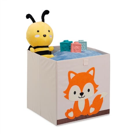 Relaxdays Bac de rangement pour enfants, motif renard, HxLxP : 33x33x33 cm,  boîte tissu, panier à jouets, beige/orange