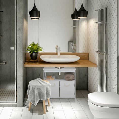 Relaxdays Meuble sous lavabo, encoche siphon, poignées corde, placard de salle de bain, HxLxP : 60x60x30 cm, blanc