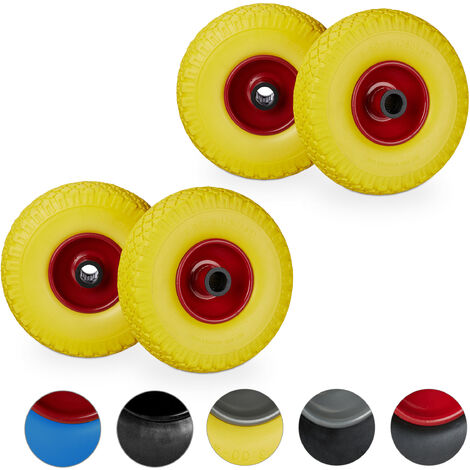 Roue de brouette, lot de 4, caoutchouc, 3.00-4", roue de rechange, pour axe de 25 mm, 260x85 mm, jaune-rouge