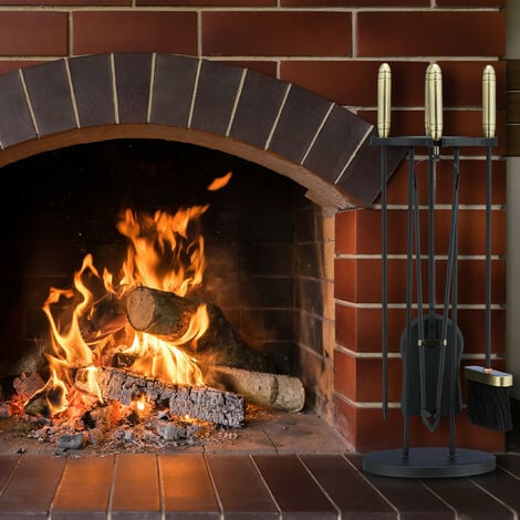 Serviteur de cheminée Set de 4 ustensiles pour cheminée Set de cheminée de  haute qualité composé de 4 pièces : balai, pelle, tisonnier, pince, support  en acier, anthracite