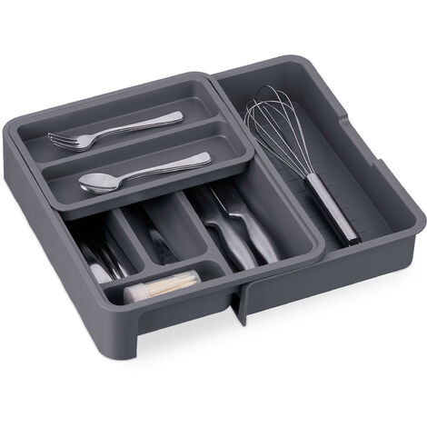 Relaxdays Bac à couverts extensible, H x L x P : 6,5 x 23,5-40 x 31,5 cm, 7 compartiments, en plastique, gris foncé
