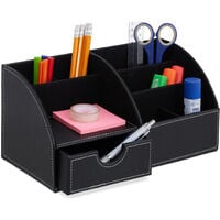Relaxdays Organiseur pour bureau, 6 compartiments & tiroir, H x L x P : 14 x 28,5 x 15 cm, range-crayons, noir