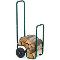 Relaxdays Range-bûches mobile, 2 roues, jusqu’à 60 kg, pour bûches standards, support bois de chauffage, acier, vert