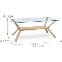 Relaxdays Table basse plateau en verre 120 x 60 cm et bois rectangle table de salon chêne 45 cm de hauteur design moderne, nature