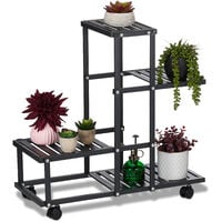 Relaxdays Étagère à plantes, avec roulettes, 4 niveaux, H x L x P : 60,5 x 61,5 x 26 cm, pour intérieur, noire