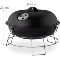 Relaxdays barbecue rond, portable, couvercle, pique nique, grosse surface de cuisson,charbon de bois d.36 cm. noir
