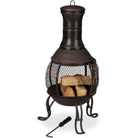 Relaxdays brasero mexicain, tisonnier, gril en bois, pare-étincelles, jardin, terrasse, antique, H 89 cm, rouge-bronze