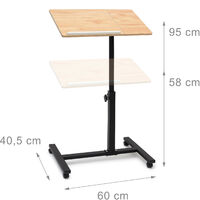 Relaxdays Table réglable pour ordinateur portable, roulettes, support inclinable, HxLxP: 95x60x40,5 cm, brun clair