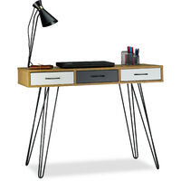 Relaxdays Bureau de designer, moderne, 3 tiroirs, table de travail ordinateur, bois, métal 75x100x50 cm, brun-blanc-gris