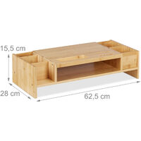 Support Écran Bambou Relaxdays | 8 Compartiments - Rehausseur PC, Rangement Bureau 60x30x9cm
