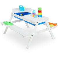 Relaxdays – Table de pique-nique en bois pour enfants – Dimensions 89x35 cm – 2 bancs pour 4 enfants – 2 bacs en plastique pour jeux d'eau et sable