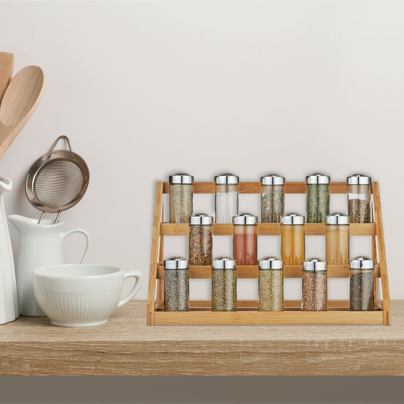 Relaxdays Organizer Da Cucina In Bambù Estensibile - 4 Scomparti E 2 Ripiani, Per Spezie, Tazze, Cialde Caffè E Tè, Naturale, 18x33x15 Cm