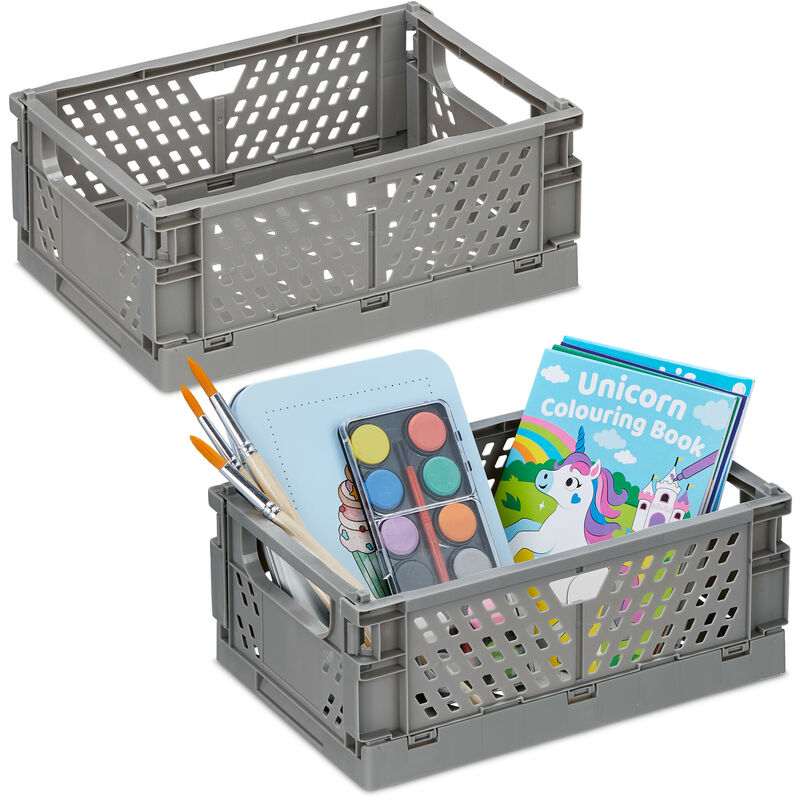 Relaxdays Scatola Portaoggetti, Set 2 Box da Scaffale, Bagno, 10x25x26,5  cm, Porta Giochi, Plastica, Impilabile, Grigio