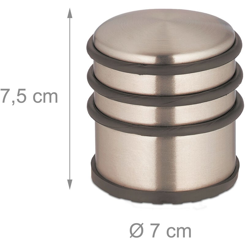 3x Fermaporta, Blocca Porte da Pavimento, Acciaio Inox, Gomma Antigraffio,  Rotondo, Metallo, HxD: 7,5 x 7 cm, Argentato