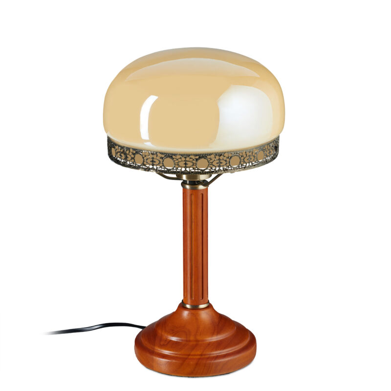 Relaxdays Lampada Antica dall'Aspetto Vintage, Abat-Jour con Paralume in  Vetro e Base in Legno, Beige e Aspetto Ottone