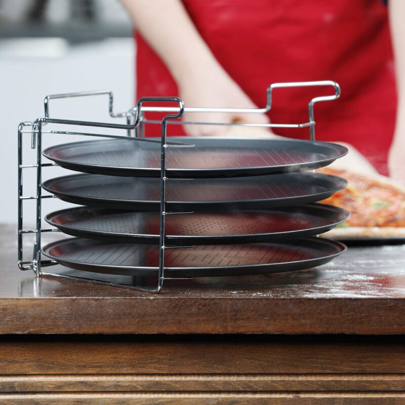 4 Teglie Per Pizza Rovonde Forate 30,5 Cm - Acciaio Al Carbonio Antiaderente Con Manico