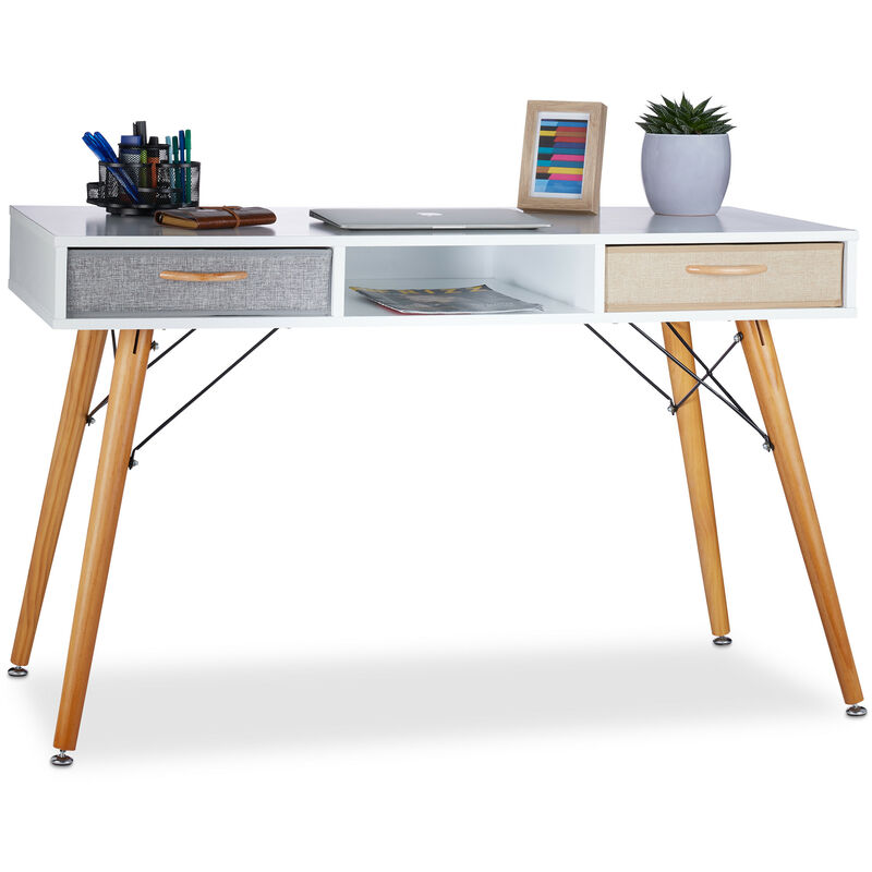 Relaxdays scrivania, stile scandinavo, 3 scomparti, 2 cassetti, tavolo  laptop HxLxP: 74 x 125 x 60 cm ca., legno, bianca