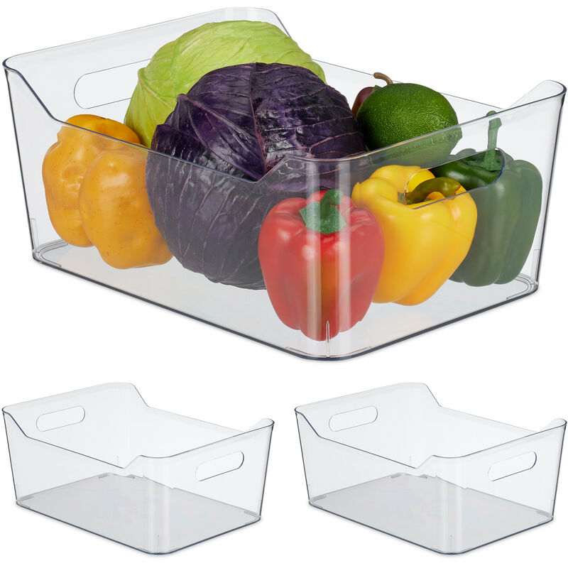 3x Organizer da Frigorifero, Contenitore da Cucina, Box per Alimenti, HLP:  14,5x35x24 cm, con Manici, Trasparente