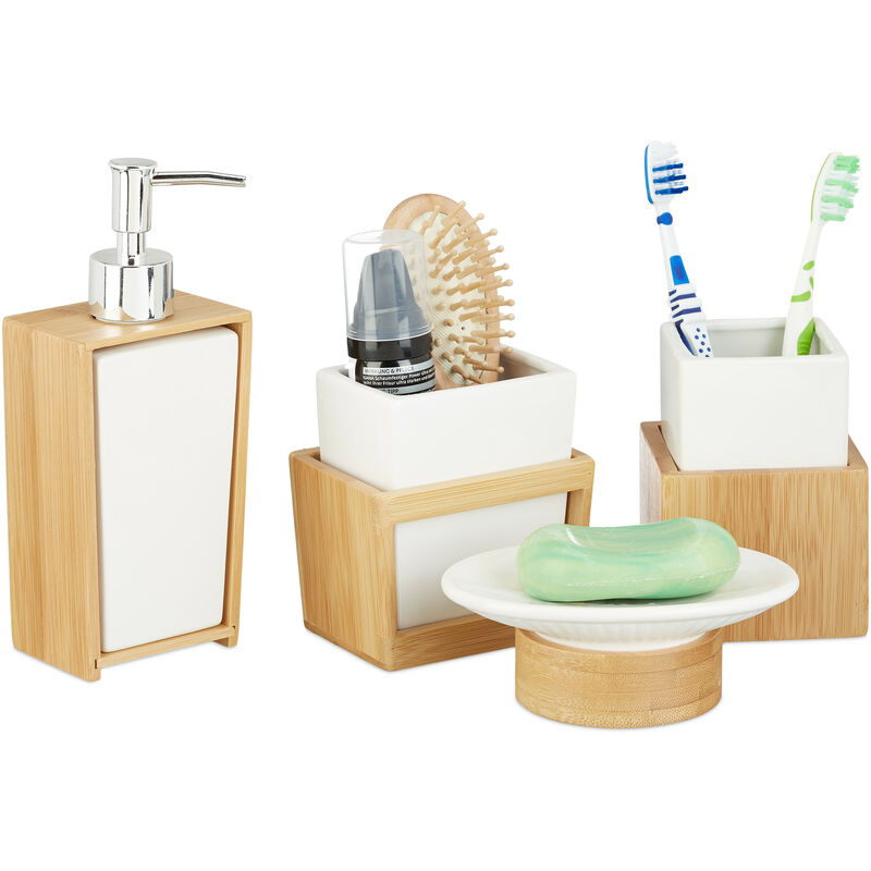 Relaxdays Set Accessori Bagno 4 Utensili, Dispenser, Porta-Sapone, Porta- Spazzolino, Bambù, Ceramica, Marrone e Bianco