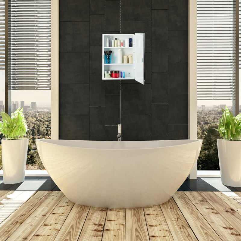 Relaxdays Armadietto da Bagno a Specchio, 2 Ante, 3 Scomparti, Presa  Elettrica, Mobiletto Pensile con LED, Acciaio, H x L x P: 67 x 60 x 12 cm,  Bianco