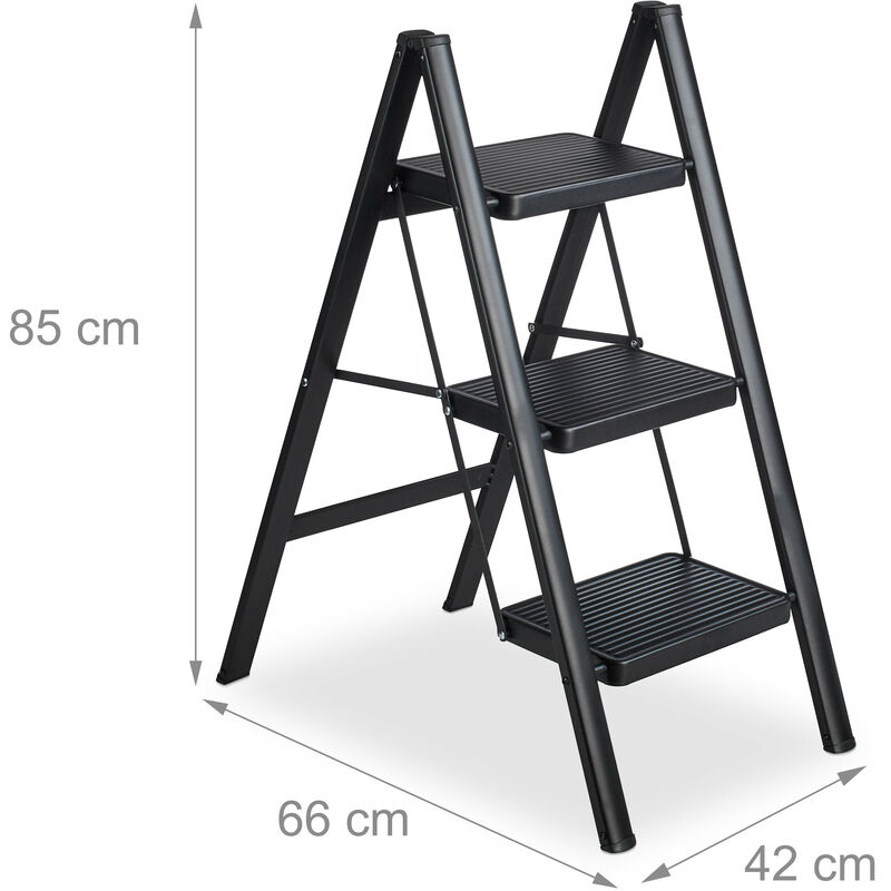 Relaxdays Scaletta Pieghevole, Scala in Acciaio Leggero, Step Ladder Carico  120kg, Rialzo a 3 Gradini, 85x42x66 cm, Nero