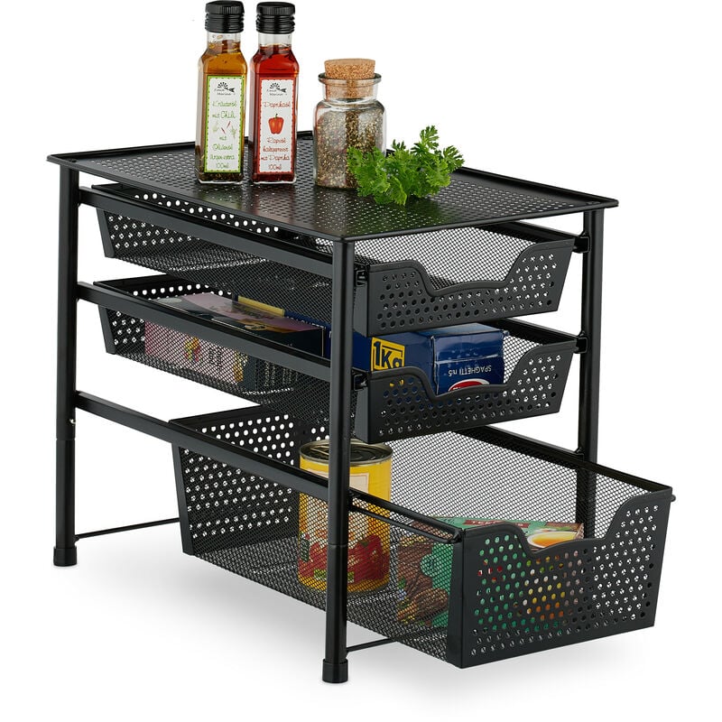 Relaxdays Scaffale Portaspezie con Cassetto, Organizer da Tavolo da Cucina  o Scrivania Ufficio, HLP 35x28x42,5 cm, Nero