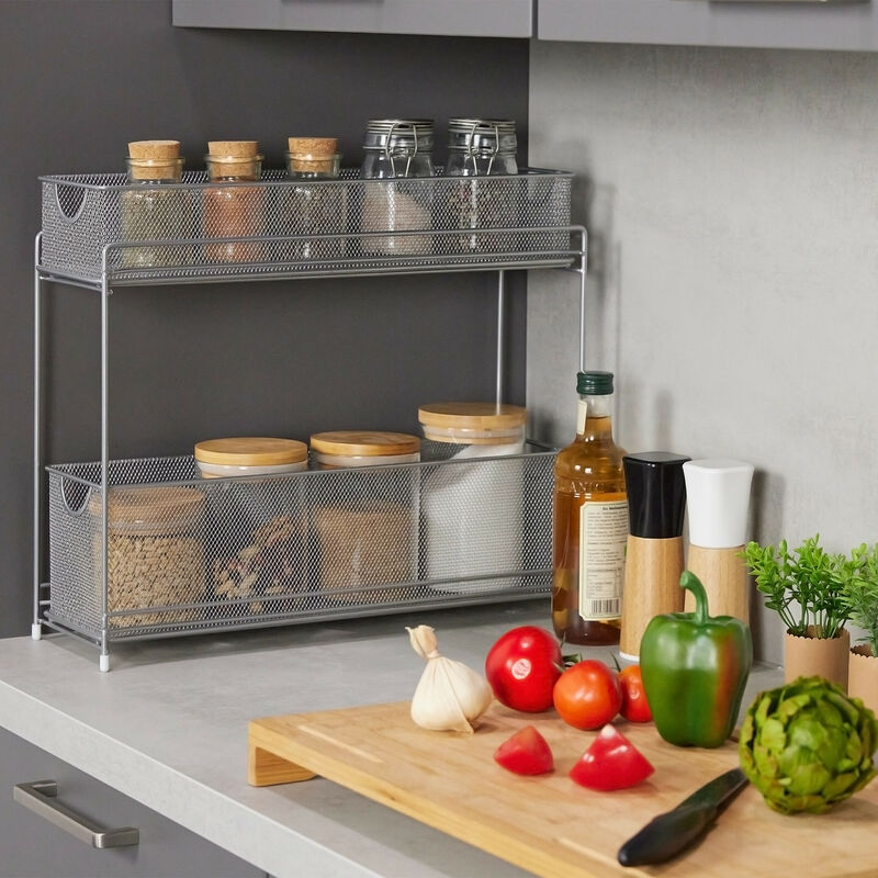 Relaxdays Organizer per Armadietti Cucina, Organizzatore Estraibile, 2  Cestelli, in Metallo, 40 x 15 x 46 cm, Argentato