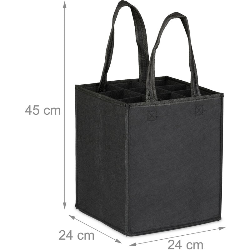 Relaxdays Borsa Porta Bottiglie di Vino e Birra, 9 Scomparti, Portabottiglie  e Shopping Bag, 45x24x24 cm, Antracite