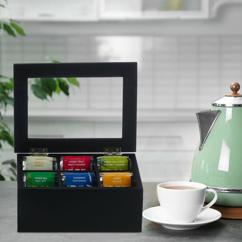 Relaxdays Scatola Porta Tè e Tisane, 9 Scomparti, Cofanetto con  Finestrella, Organizer per Capsule del Caffè, Naturale