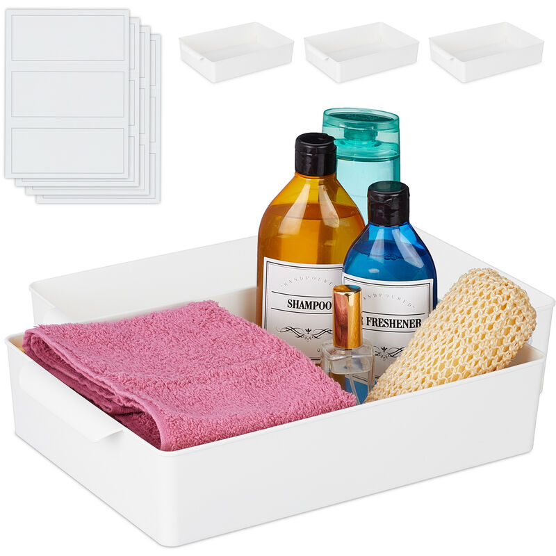 Relaxdays Organizer Portaoggetti, Set 4 Scatole, Box Contenitori da Bagno o  Cucina, HLP 7x24x34 cm, Plastica, Bianca