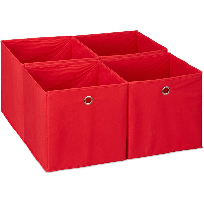 Relaxdays Scatola Portaoggetti, Set 4 Box a Cubo da Scaffale, HLP 30 x 30 x  30 cm, Portagiochi Pieghevole, Stoffa, Rosso