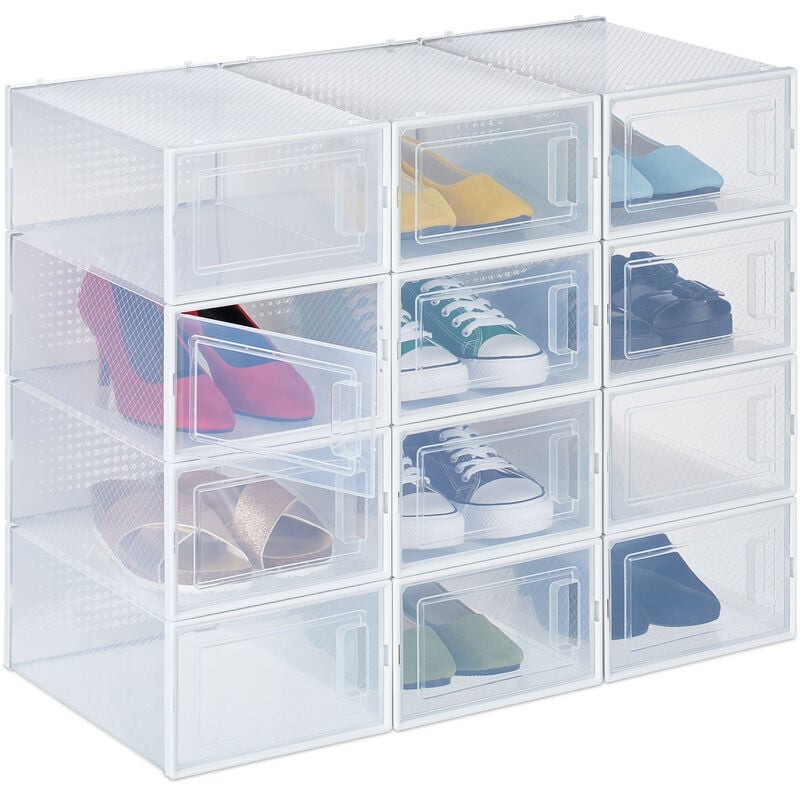 Relaxdays Set 12 Scatole di Plastica per Scarpe fino al N. 45, Scarpiera con  Box Impilabili, Shoe Organizer, Trasparenti