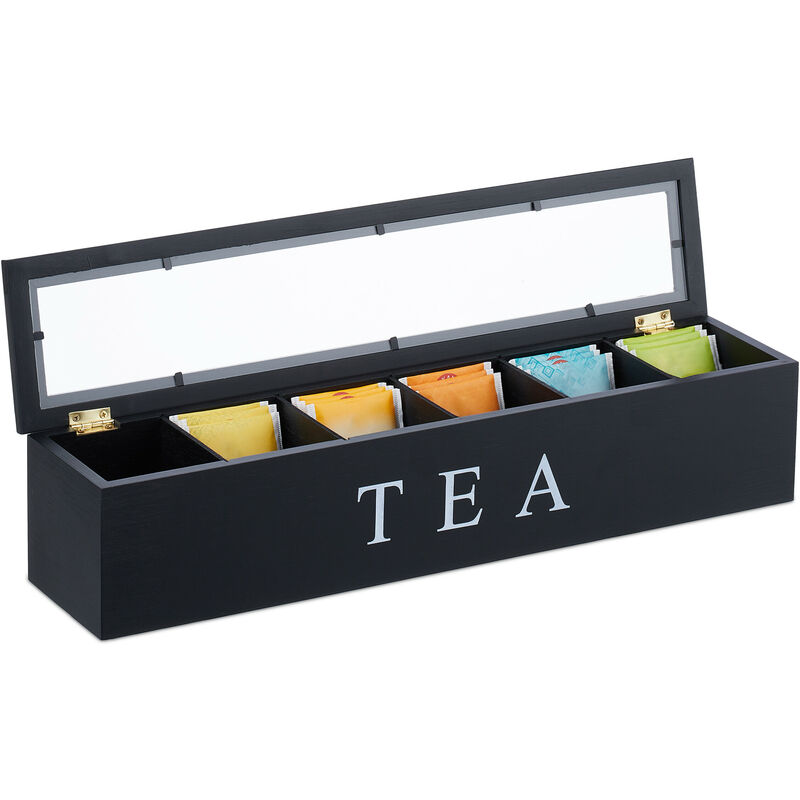 Relaxdays Scatola Porta Tè e Tisane, Organizer Cassetti a 6 Scomparti,  9x43,5x9 cm, Tea Box con Coperchio in Bambù, Nero