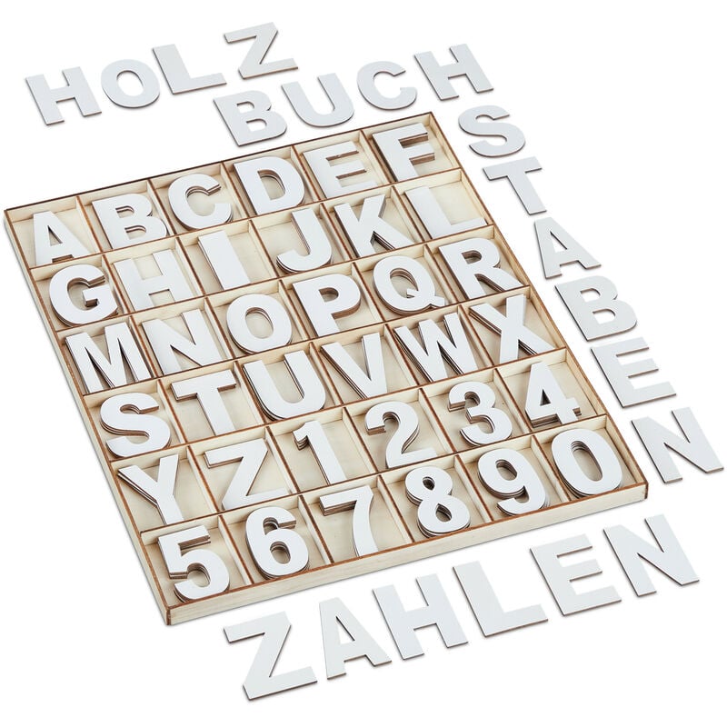 Relaxdays Lettere e Numeri in Legno, Set da 144, Letterine Maiuscole da  A-Z, Cifre 0-9, H: 5 cm, per Bricolage, Bianco