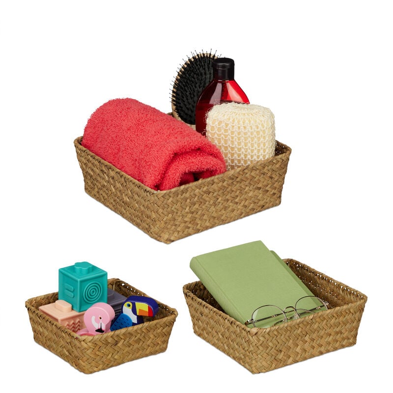 Relaxdays Cesto Portaoggetti in Seagrass, Set da 3 Cesti Intrecciati, Tre  Misure, Contenitori da Bagno, Marrone Naturale